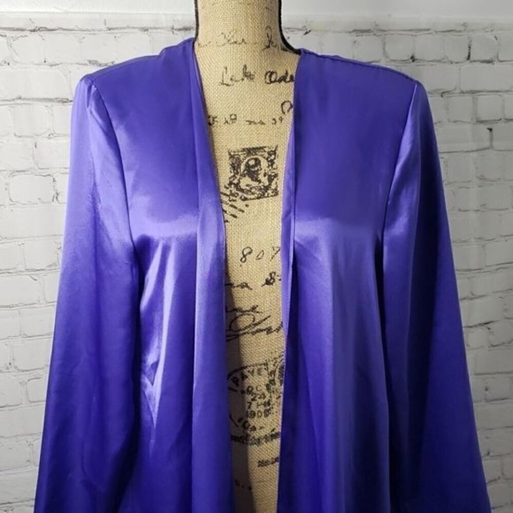 Vintage 90s Boudoir Chic Sateen Slate Blue Robe Blue Sateen - Picture 5 of 11